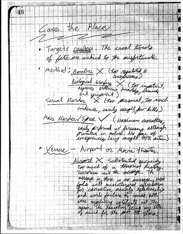 Notes from the Aurora Theatre Shooters note book.....