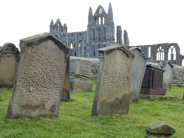 Whitby Abbey, behind the Church, a lot of gravesto...