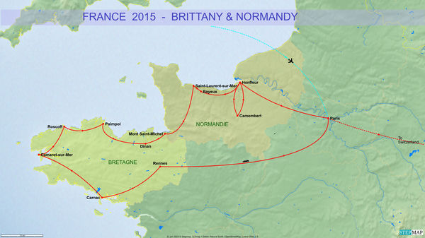 Map of our drive through Brittany & Normandy showi...