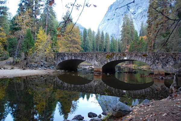 Stone bridge over the Merced in Yosemite Valley on...