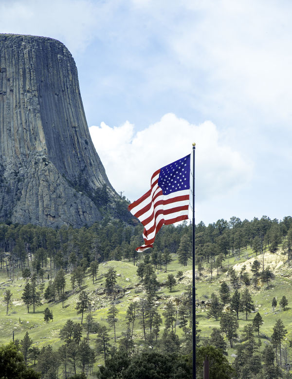 Old Glory flying with the Devil's Tower in the bac...