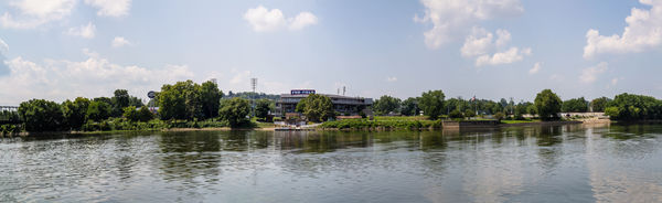 (Eight panel panorama) The riverboat docks at City...