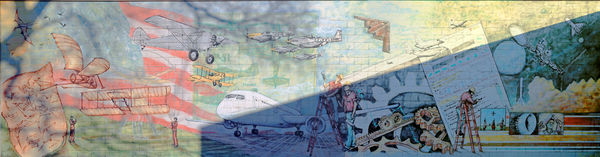 4-shot pano of the history of flight, vacant build...