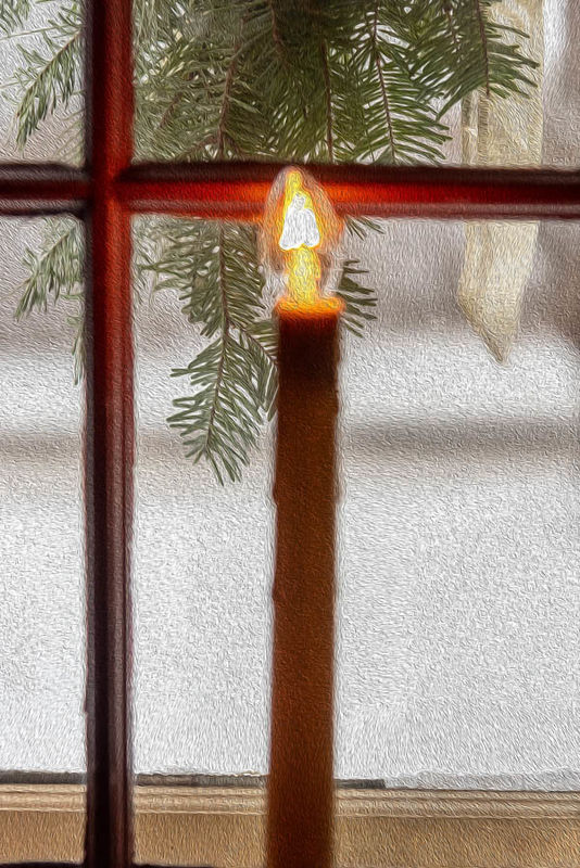 A window candle overlooking falling snow...