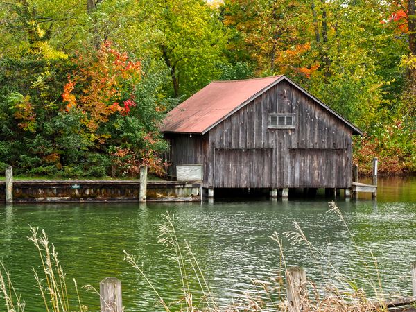 An old boat-house on the Leland River in Leland, M...