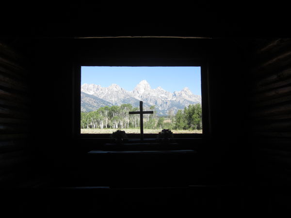 Teton Mtns through the church window...