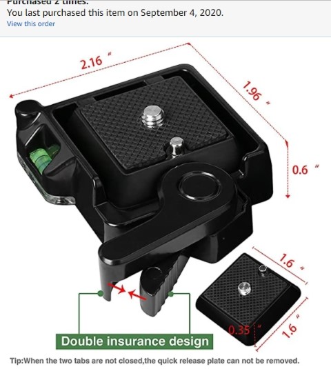 Closeup view of the Tripod Head/QR PLate used in a...