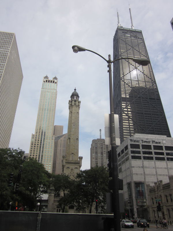 Chicago-Hancock Tower on right & Water Tower in ce...