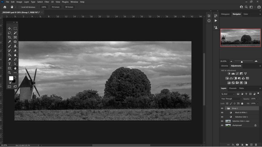 Resulting B&W using underlying selective color adj...