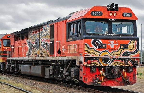 The lead locomotive decorated with Aboriginal Artw...