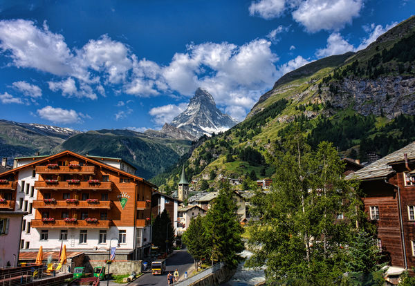 Leaving Zermatt with a view of St. Mauritious Chur...