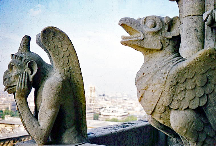 1954 Notre Dame Cathedral - Gargoyles on alert....