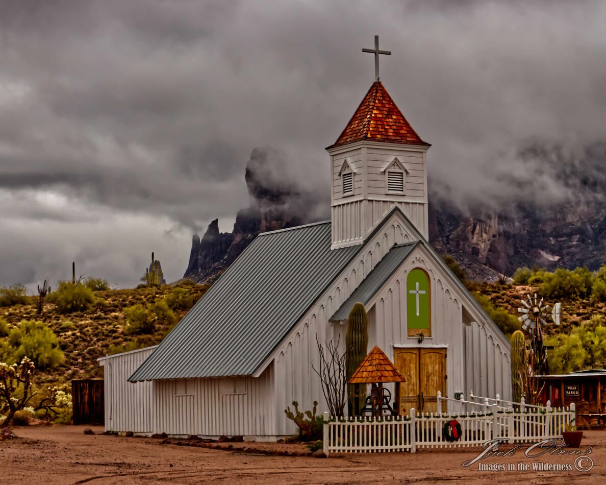 Elvis Chapel amid dark clouds...