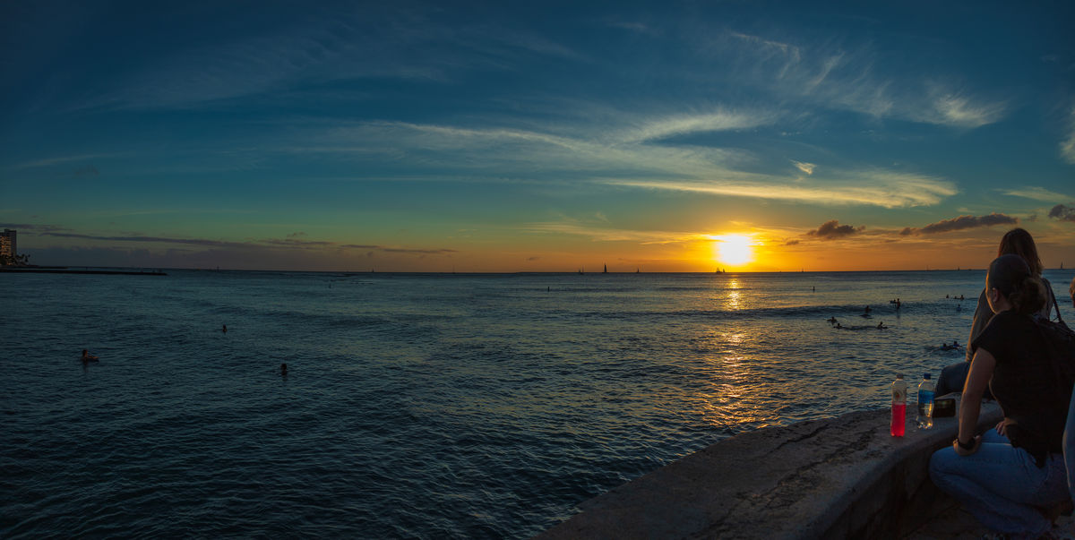 Five frame stitched pano of sunset at Queen's Surf...