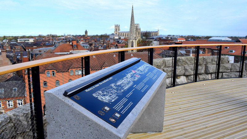 view of York Cathedral from the roof, information ...