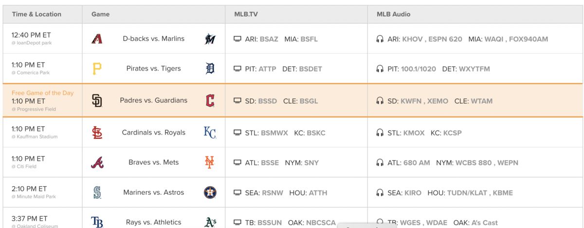 Example of today's games and menu options, MLB.TV...