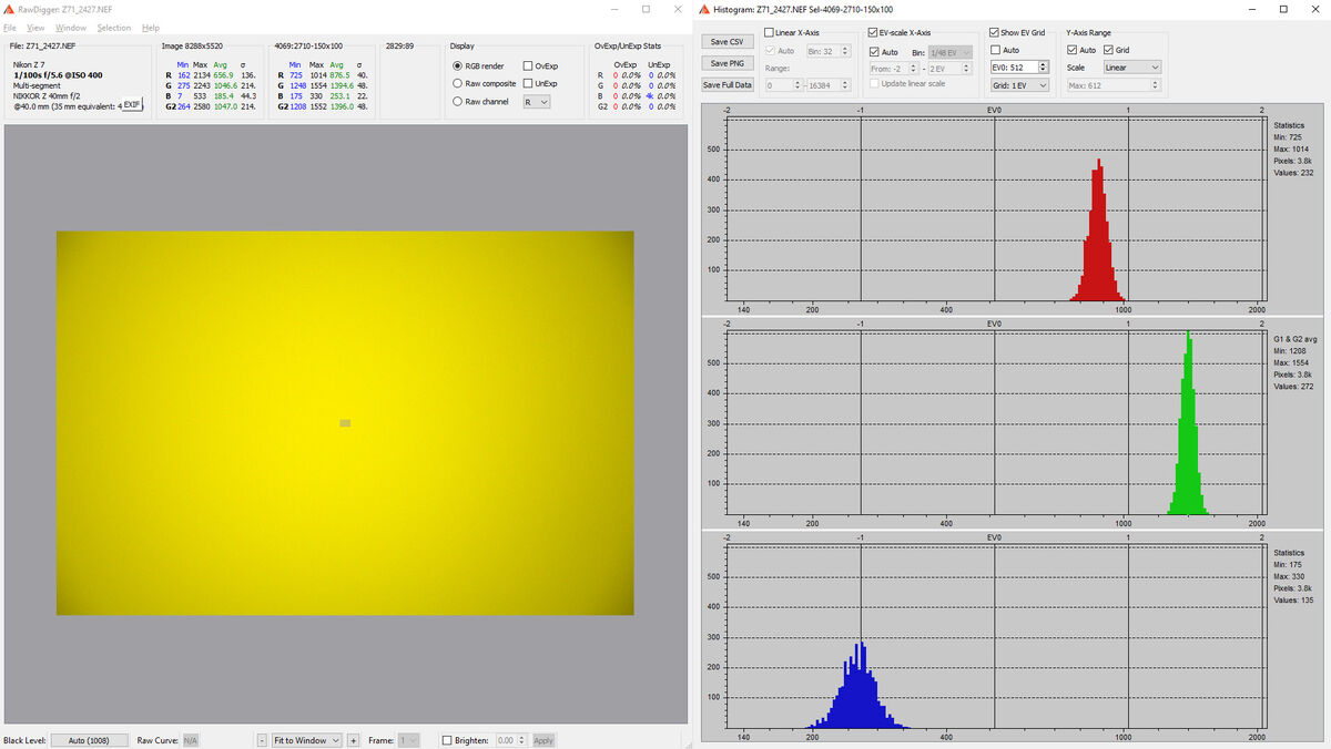 Yellow filter, 1/100s - The blue channel is darken...