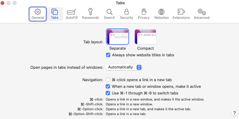 More options listed in Safari->Preferences->Tabs...