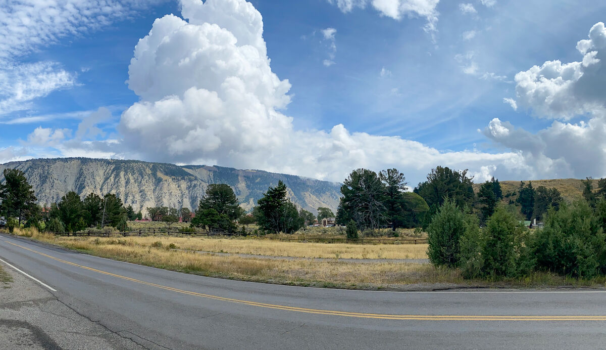 View from the Mammoth Hot Springs headquarters in ...