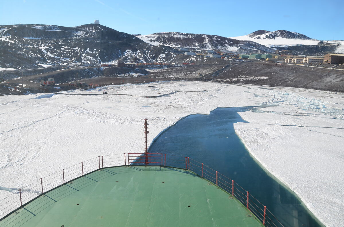 Breaking ice into McMurdo Station onboard the Russ...