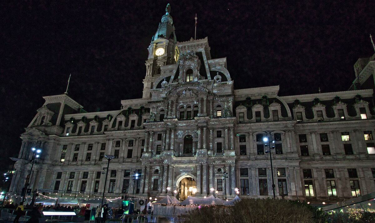 west side of city hall (Dilworth Plaza) with light...