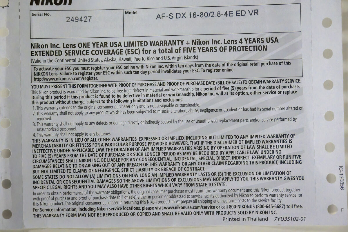 Warranty Paperwork for DX 16-80mm lens, qualifying...