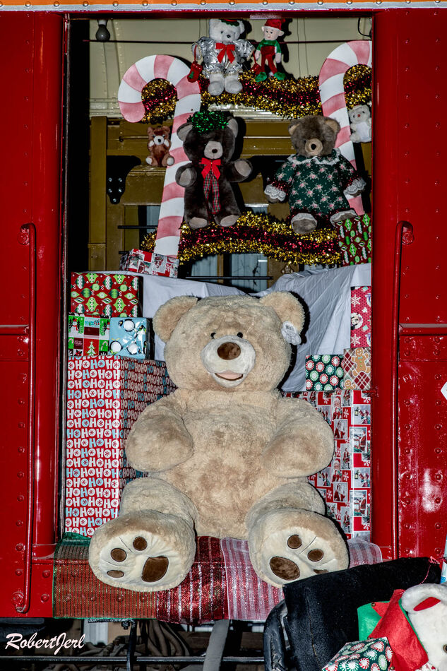 Big Ted guarding a freight car of presents...