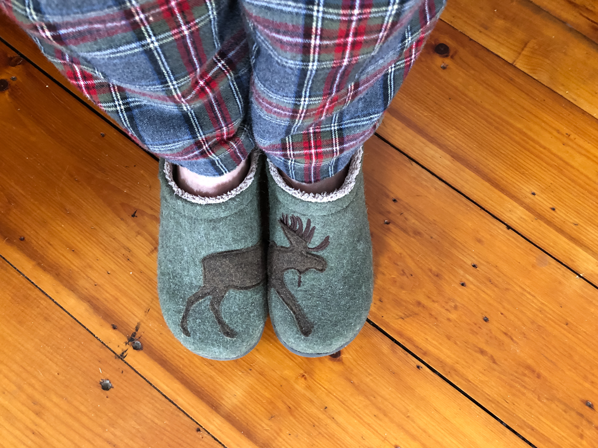 My fleece lined flannel lounge pants and wool clog...