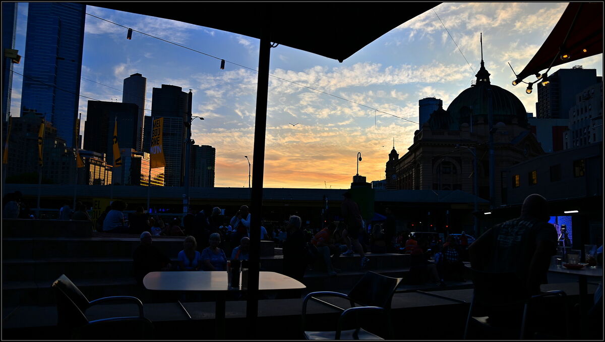 Coffee at sunset in Federation Square....