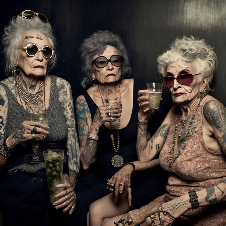 "AbFab, 80-year-old, tough, tattooed ladies at a N...