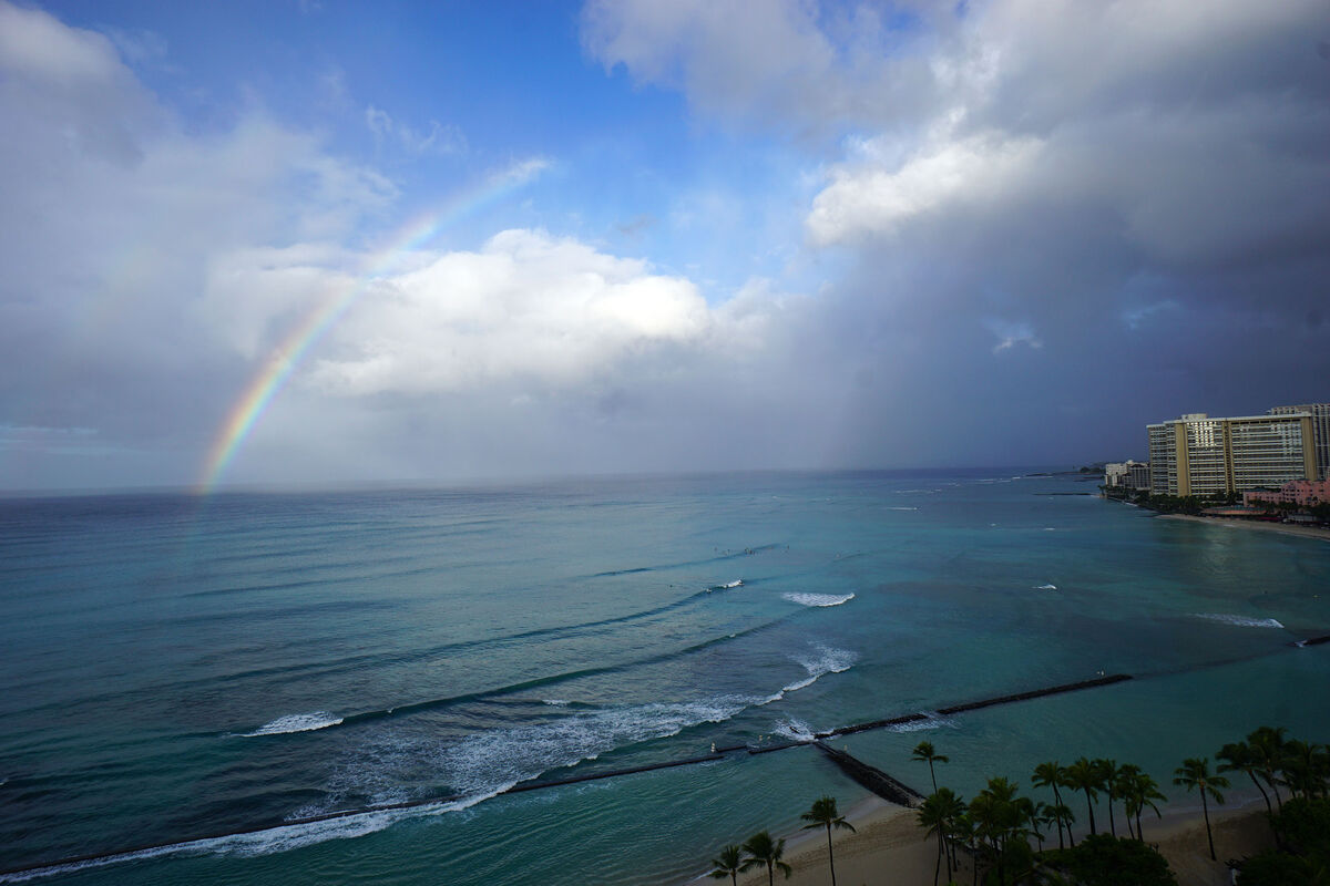 Rainbow over Waikiki Beach in Honolulu, Oahu, Hawa...