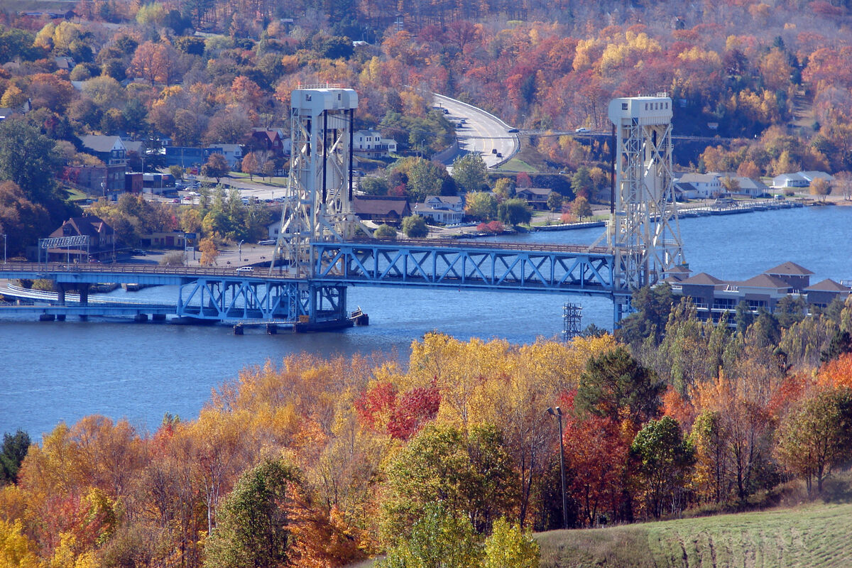 Fall colors along the shore of Portage Lake, near ...