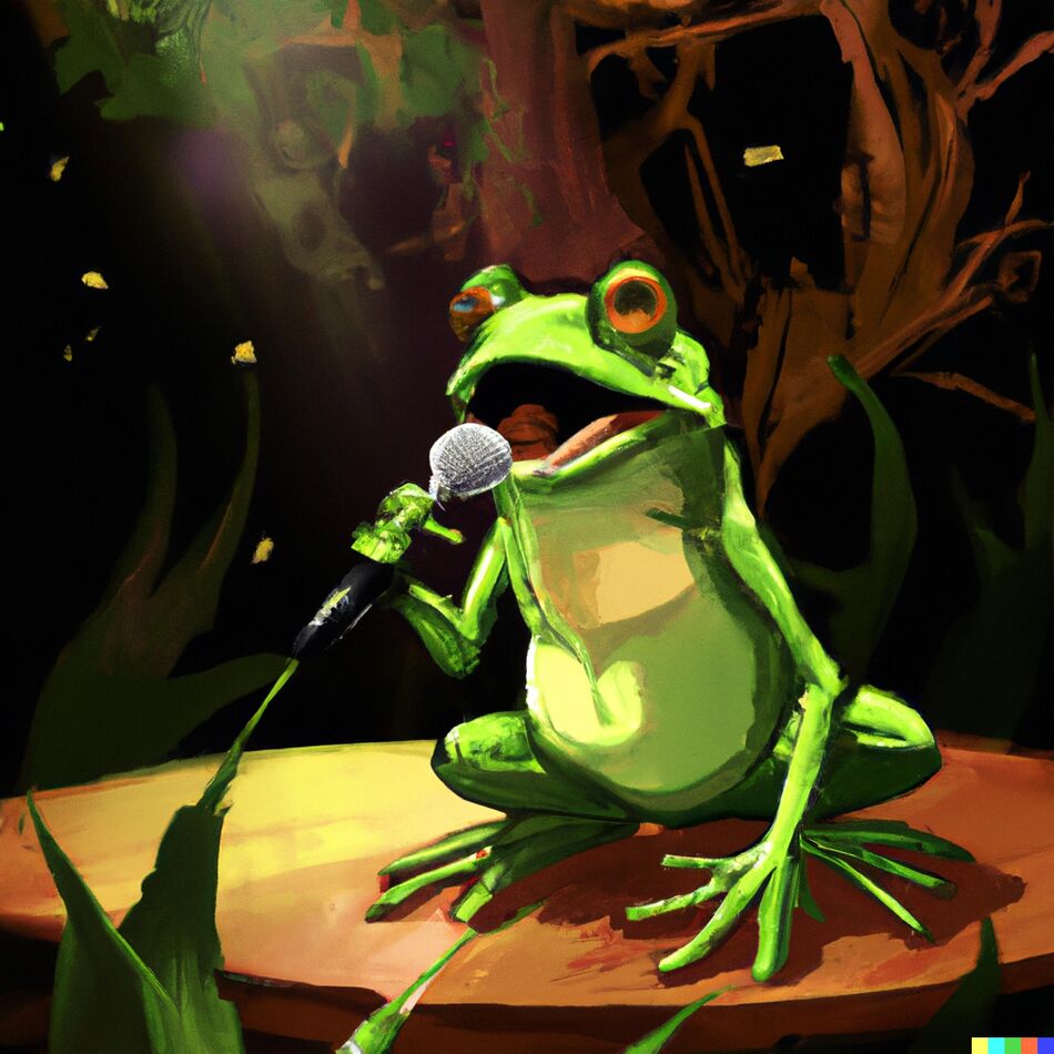 Digital art drawing of a frog singing on stage....