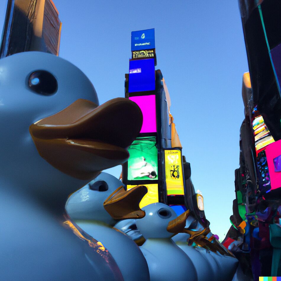 Digital art picture of rubber ducks on parade in T...