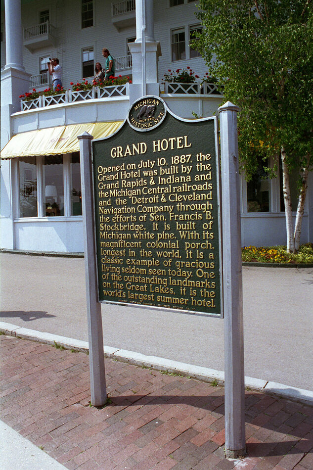 The marker in front of the Grand Hotel on Mackinaw...