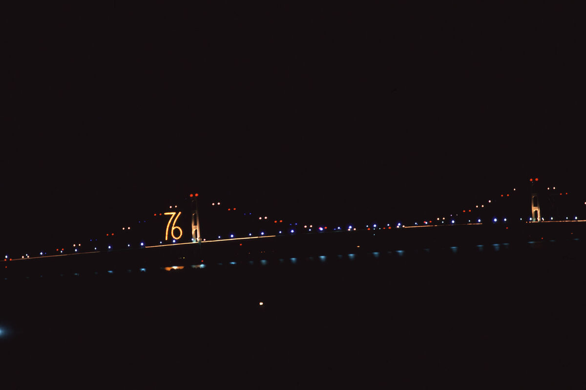 A night shot of the Mackinaw Bridge, connecting Mi...