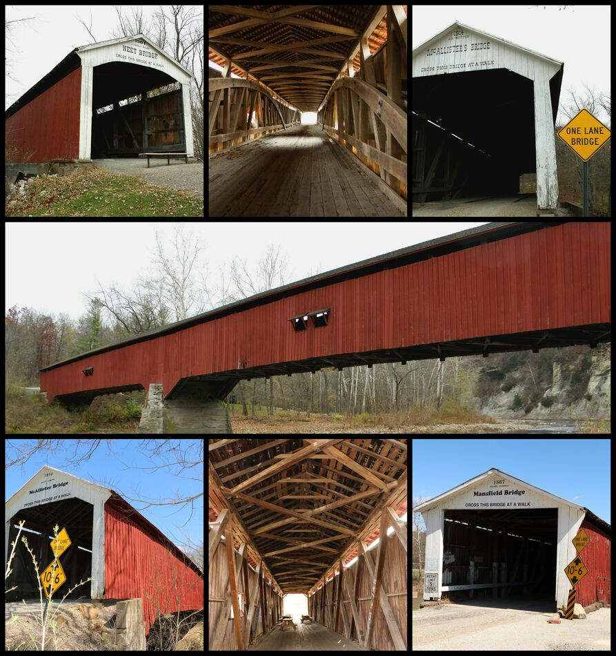 A collage of Indiana covered bridges. Two types of...