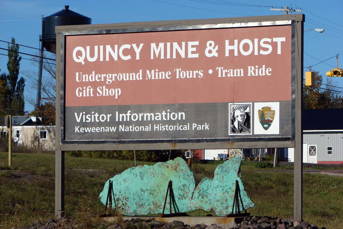 The sign identifying that the Quincy Mine and the ...