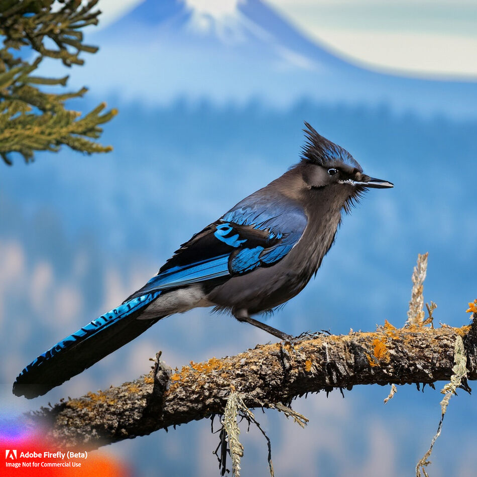 Firefly : Steller's Jay on a branch with Mt Hood i...