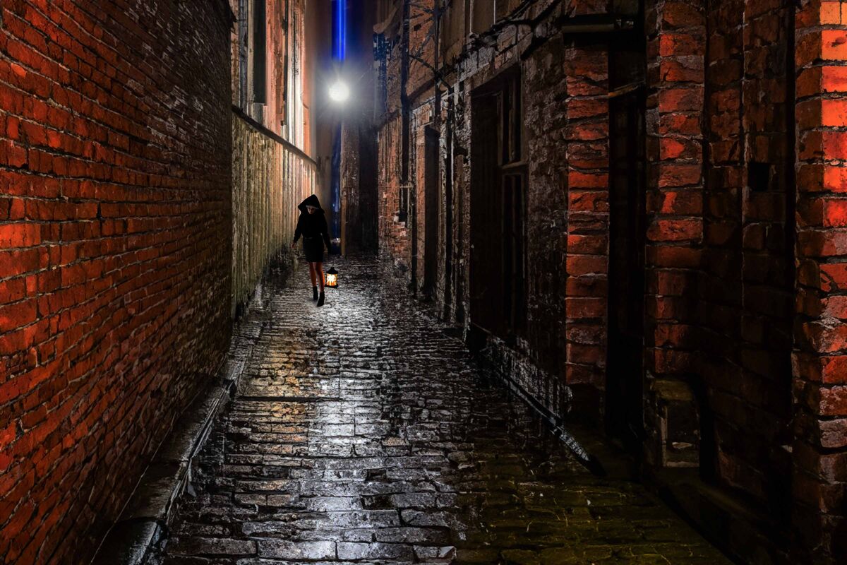 Woman in Alley With Lantern...