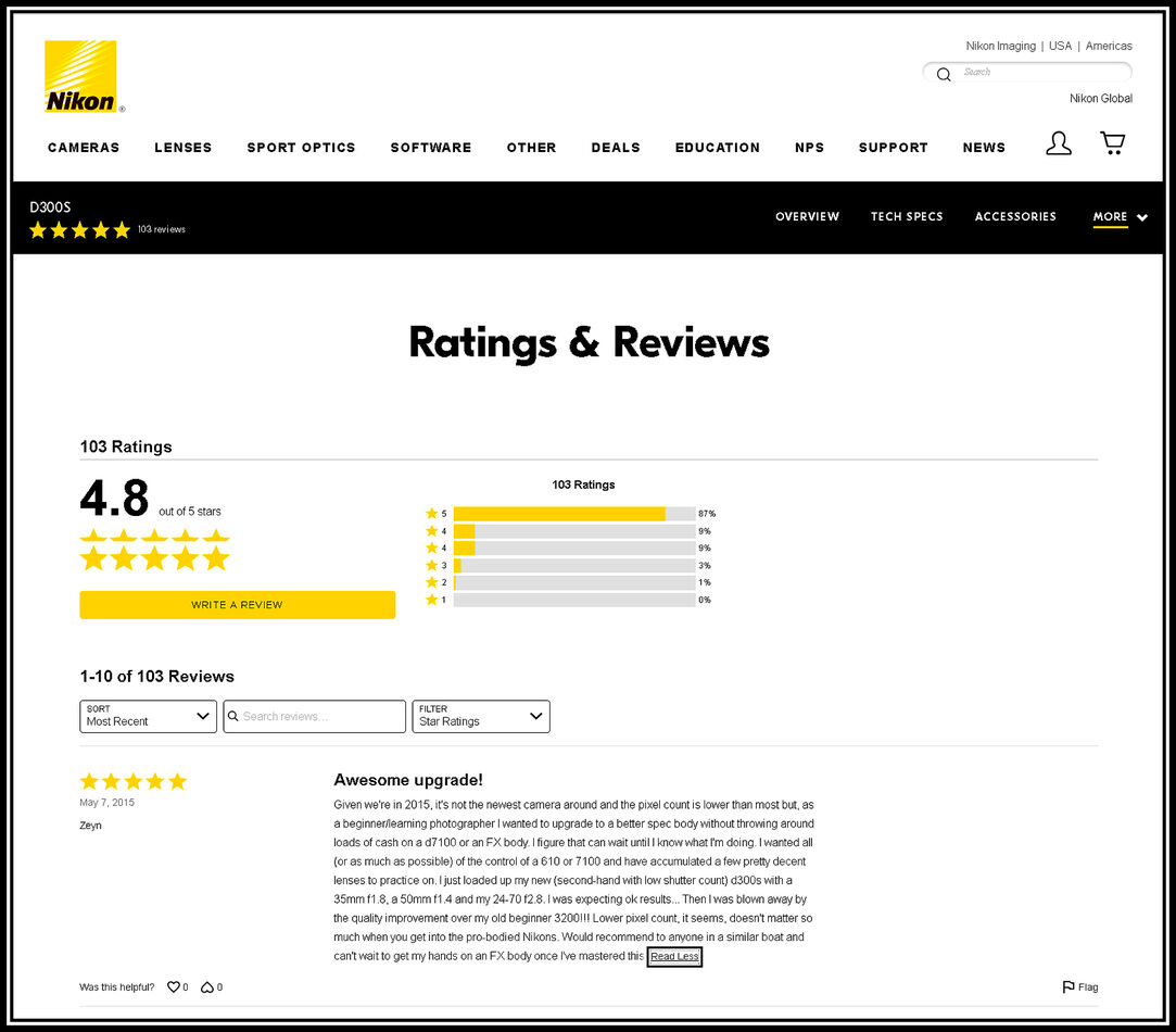 Ratings and Reviews on Nikon USA Web Portal (Highl...