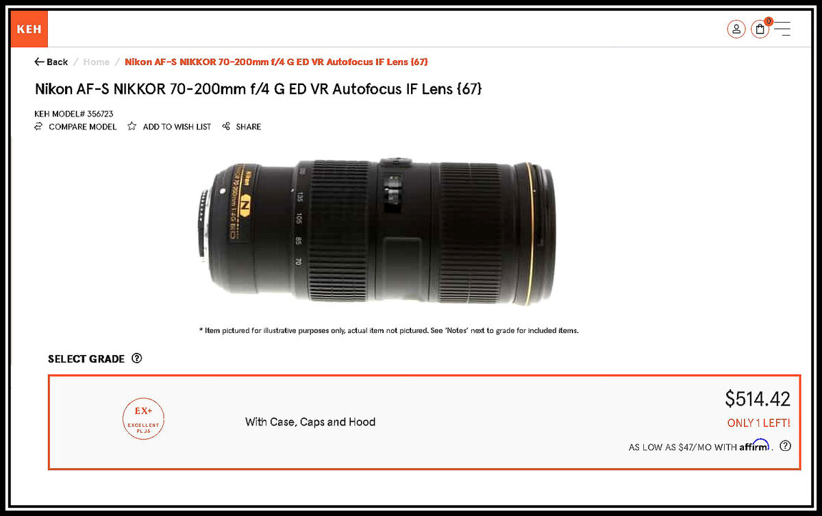 KEH Advertised Price for Lens only Sans Tripod Mou...