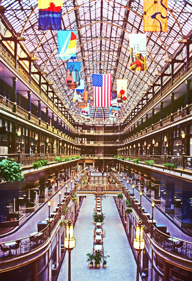 Interior of the Euclid Arcade.  The flags hanging ...