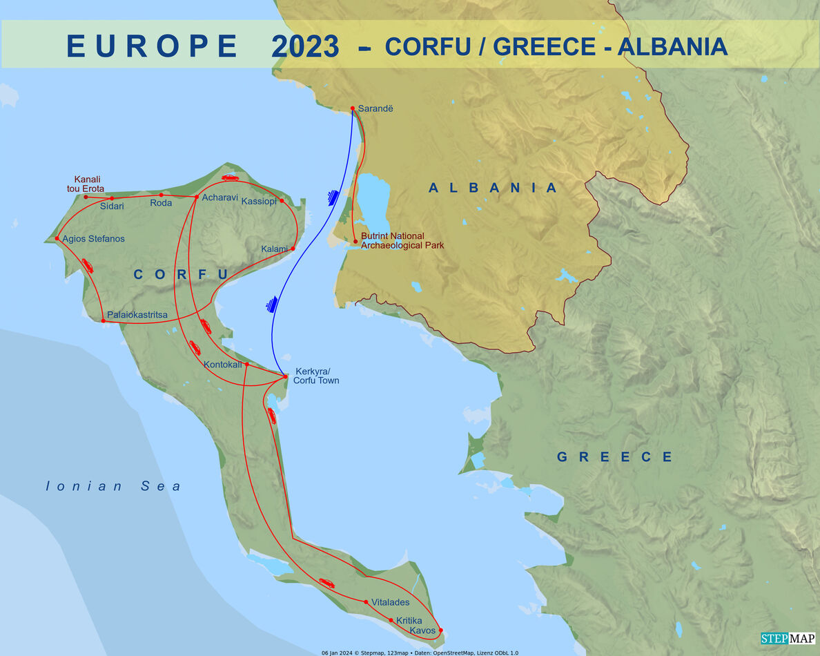Map of Corfu and southern Albania indicating the l...