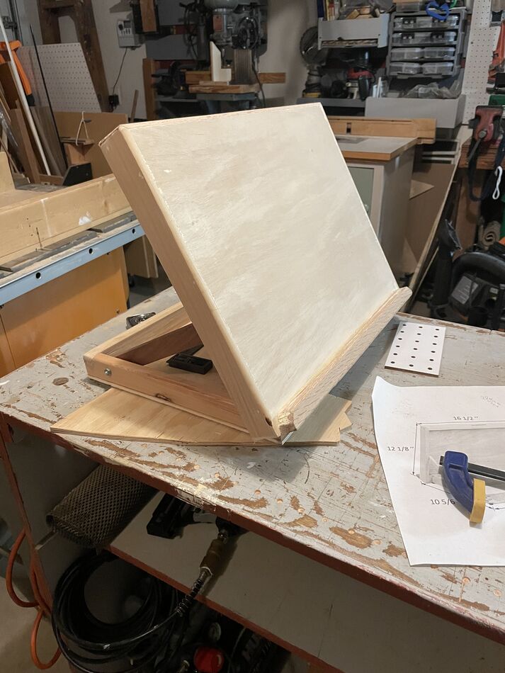 Out in the shop I built a table top easel for our ...