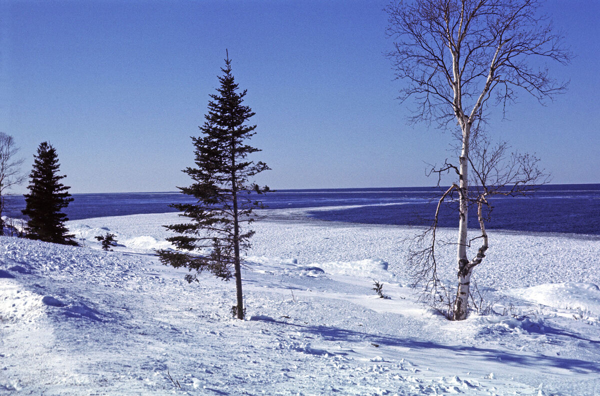 Snow and ice on the shore of Lake Superior, near C...