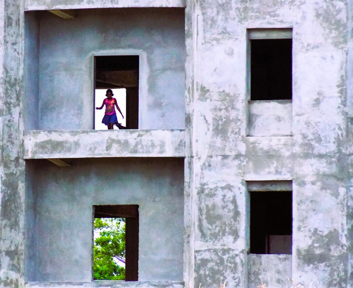 Long range shot of a lady and dog in a building be...