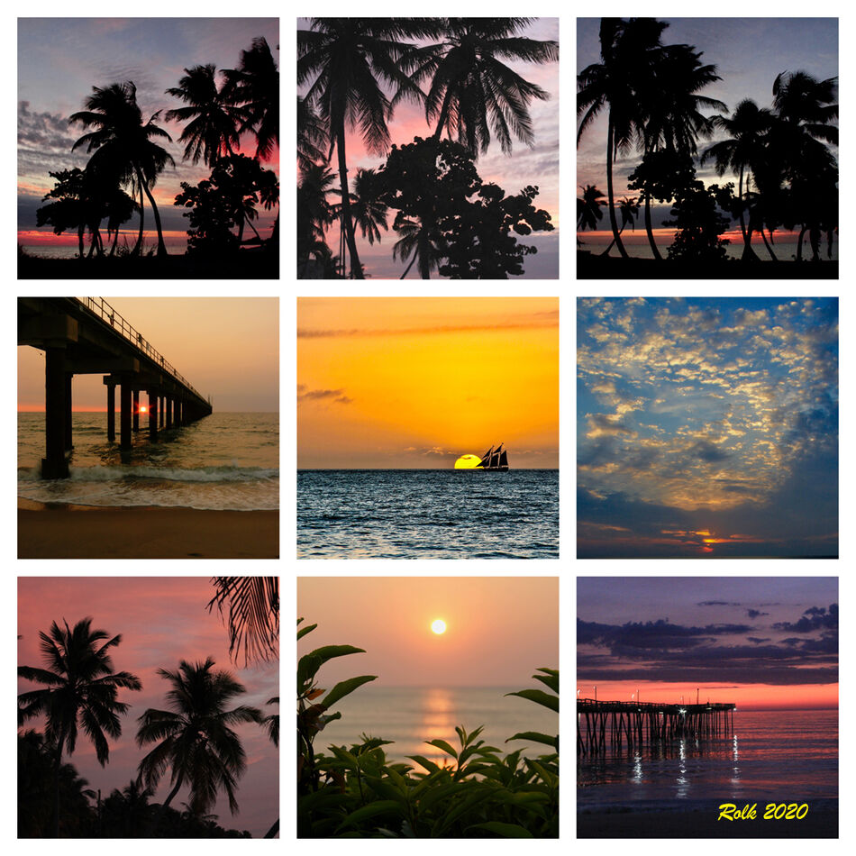 A collage of sunrises, most of which are showing o...